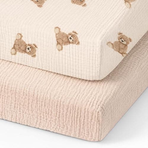 Organic Pack and Play Sheets Fitted 38”x26” 100% Muslin Cotton, Mini Crib Sheets Compatible with Graco/hiccapop/YENING/Dream On Me/Babylicious Pack N Play Mattress, Playard Bedding Sheet Bed Cover - Image 1