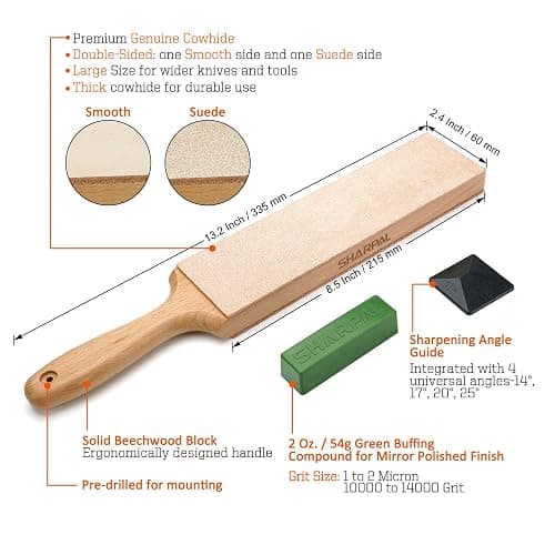 SHARPAL 205H Double-sided Leather Strop (Genuine Cowhide) 13.2" x 2.4" Kit with 2 Oz. Polishing Compound & Angle Guide, Knife Stropping Block for Sharpening & Honing Knives tools, Woodcarving Chisels thumbnail 3