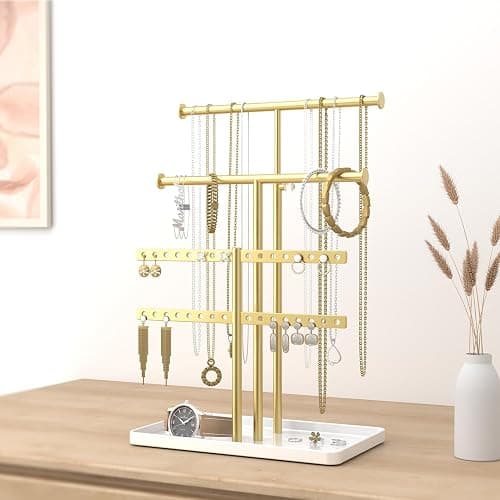 Josmimic Jewelry Holder Organizer Necklace Display: Metal Aesthetic Room Decor Tree Stand for Necklace Bracelet Hanger and Earrings Storage beautiful jewelry tower for mom wife girlfriend (Gold) thumbnail 4