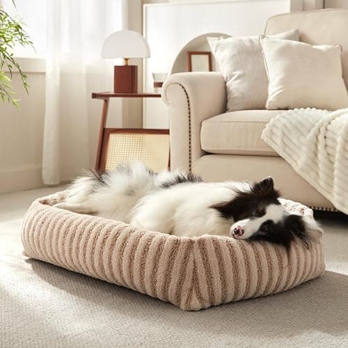 MIXJOY Dog Bed Medium Size Dog, Washable Medium Dogs Bed with Removable Cover, Soft Rectangle Doggy Ded Fluffy Plush Faux Fur Pet Bed with Anti-Slip Bottom, 30"x24"x8", Beige - Image 1