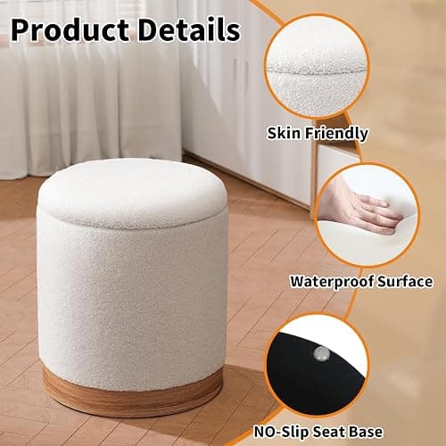 Joveco Round Storage Ottoman with Removable Lid, Boucle Small Upholstered Padded Vanity Foot Rest Stool for Living Room, Bedroom, Dorm, White with Oatmeal Wood Grain Trim thumbnail 9