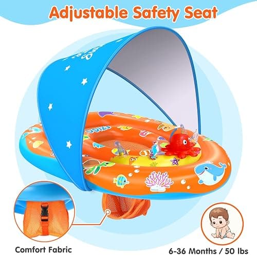 EZIGO Baby Pool Float with Canopy UPF 50+ Sun Protection, Double Air Chambers Infants Swimming Floats with Sound Toys Adjustable Safety Seat Toddler Float for Boys and Girls 6-36 Months thumbnail 5