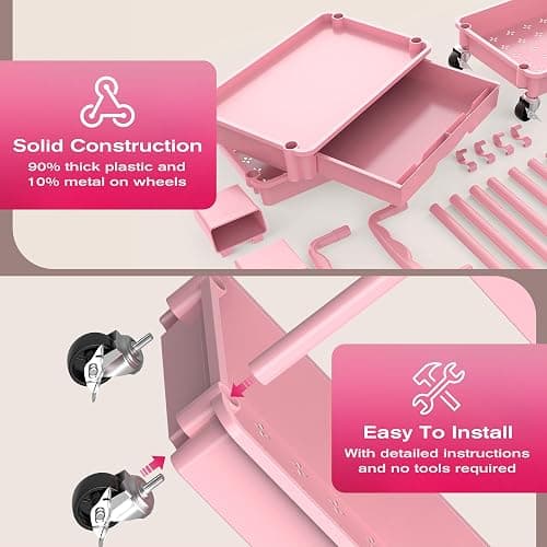 Goovilla Rolling Makeup Organizer Cart with Removable Drawer, 3 Tier Pink | Stable Floor Skincare Storage Cart for Vanity, Cosmetic Display, Nail Polish, Perfume, Hair Stuff, Beauty, Bathroom(Plastic) thumbnail 4