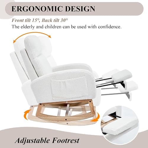 NIOIIKIT Oversized Nursery Rocking Chair, Teddy Upholstered Glider Chair with Footrest, Large Glider Rocker with Side Pocket, Rocking Accent Chair, Glider Recliner for Living Room (White Teddy) thumbnail 4