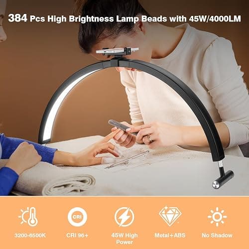 Mznoo Nail Light for Desk, 30'' LED Half Moon Lamp for Nail Techs, Manicure and Handicraft, Adjustable Color Modes and Brightness, with Phone Holder (Black) thumbnail 3
