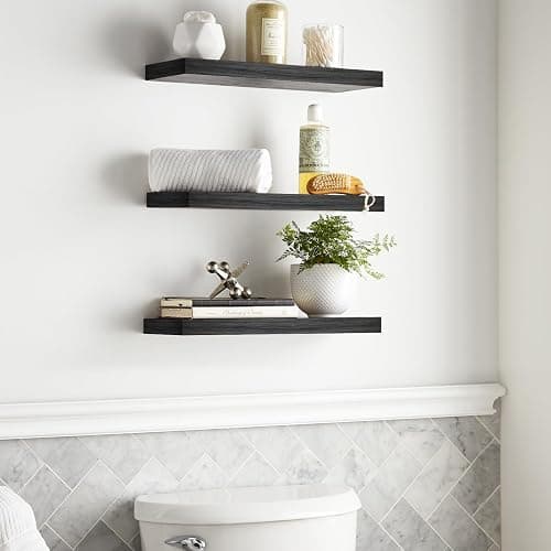 BAYKA Floating Shelves for Wall, Wall Mounted Rustic Wood Shelves for Bathroom, Bedroom, Living Room, Kitchen, Hanging Shelf for Books/Storage/Room Decor with 22lbs Capacity (Black, Set of 3, 15.7in) - Black - 15.7inches thumbnail 4