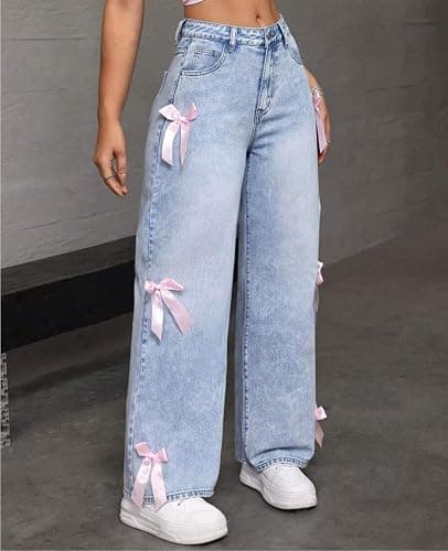 BeRamg Baggy Jeans for Girls Women Bow High Waisted Loose Cute Pants | Pink Bow, Wide Leg ,Jeans for Teens, Cute Clothes for Teen Girls, Teenager Clothing, Baggy Pants,Y2K Fun Style thumbnail 2