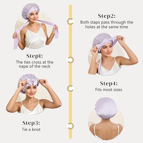 ZIMASILK 100% Mulberry Silk Bonnet for Sleeping Women Long Hair Double Layer Silk Hair Wrap with Tie Band Stay On Head (1Pc, Purple) thumbnail 6