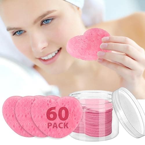 60-Count Compressed Facial Sponges with Container, Heart Shape Compressed Face Sponge, 100% Natural Sponge Pads for Face Cleansing, Massage, Pore Exfoliating Mask, Makeup Removal (Pink) thumbnail 8