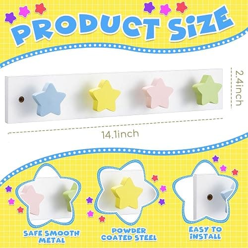 Suzile 2 Pcs Wall Mounted Kids Coat Rack Cute Kids Wall Hooks Backpack Hanger for Towels Hats Bedroom Playroom Bathroom Classroom Room Decor(Star Style,14 x 2.3 x 1.5 Inch) thumbnail 3