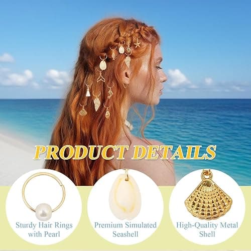 TEBIEKOY 24 PCS Hair Accessories for Women Seashell Loc Hair Jewelry for Braids Conch Dreadlock Clips Starfish Braids Rings Shell Pearl Hair Cuffs Summer Beach Decoration,Gold A thumbnail 4