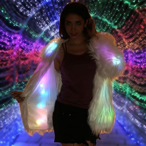 Led Fur Coat for Women Rainbow Sparkly Light Up Jacket White Furry Rave Costume thumbnail 2