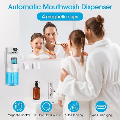 Automatic Mouthwash Dispenser for Bathroom,20.29 oz Touchless Electric Mouth Wash Dispensers Bathroom Accessories Set with 4 Magnetic Cups,4 Modes Wall Mounted Mouth Wash Dispenser for Home & Kids thumbnail 2