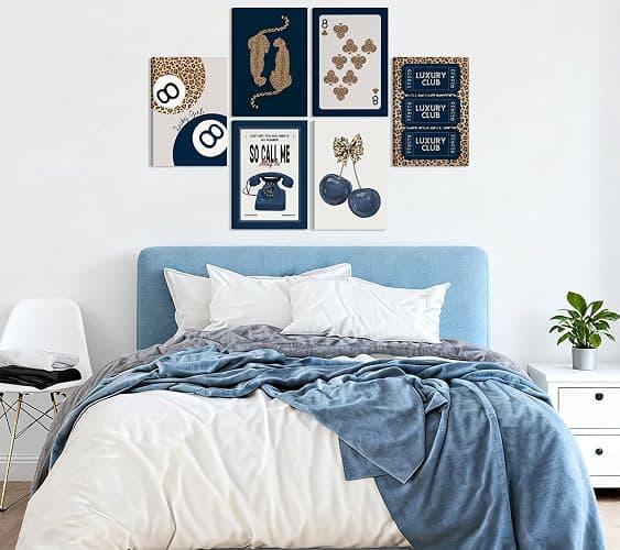 6Pcs Navy Blue Trendy Leopard Canvas Wall Art Fashion Lucky 8 Ball Painting pictures Preppy Y2K Aesthetics Wall Decor Trend Cheetah Prints Artwork for College Dorm Home Decoration 8x10in Framed thumbnail 7