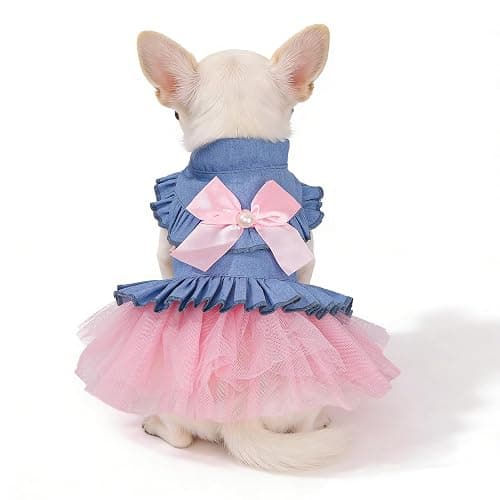SIMCAPY Dog Dress, Fashion Puppy Tutu Princess Dresses for Small Dogs Girl, Sweet Skirt with Dog Bowknot Clips, Spring Dog Cat Clothes Pet Apparel (Denim Princess Dress, XX-Small) thumbnail 3