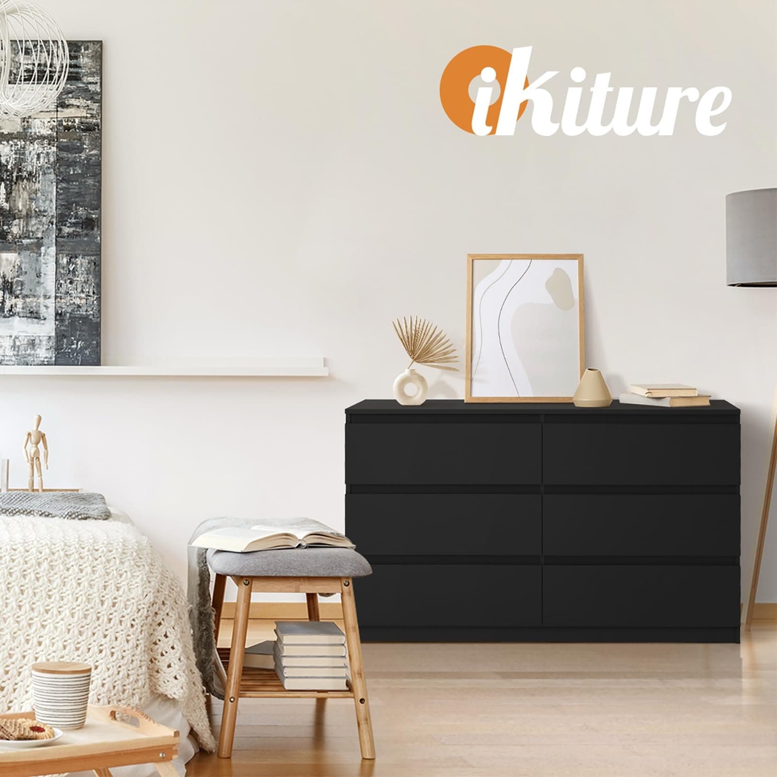 Oikiture 6 Drawer Black Dresser – Bedroom Storage Cabinet Chest | Versatile Spacious Sturdy thumbnail 5