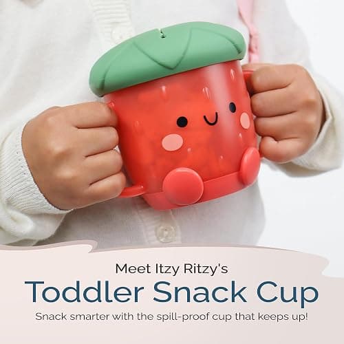 Itzy Ritzy Toddler Snack Cup - Spill-Proof Snack Cup for Toddlers with Soft Silicone Lid for Easy Food Access - Easy-To-Hold Kids Snacks Container With Handles - Ideal for 12 months & Up (Strawberry) thumbnail 4
