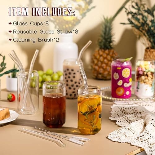 NETANY [ 8pcs Set ] Drinking Glasses with Glass Straw - 16oz Glass Cups, Beer Glasses, Iced Coffee Glasses, Cute Tumbler Cup, Ideal for Whiskey, Soda, Tea, Water, Gift - 2 Cleaning Brushes thumbnail 2