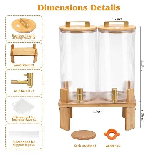 1.5 Gallon Glass Drink Dispensers for Parties, 2 PCS Beverage Dispenser With Wood Stand,Vertical Stripes Glass Lemonade Dispenser with Airtight Valve and Stainless Steel Spigot for Lemonade,Juice, Tea thumbnail 3