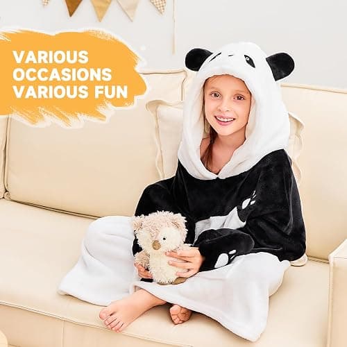 IFNOW Wearable Blanket Hoodie Kids, Oversized Fleece Blanket Sweatshirt Christmas Birthday Gifts for Boys, Girls, Teen Hoodie with Portable Foldable Blanket Pillow, Animal Embroidery 5-15 Years, Panda thumbnail 5
