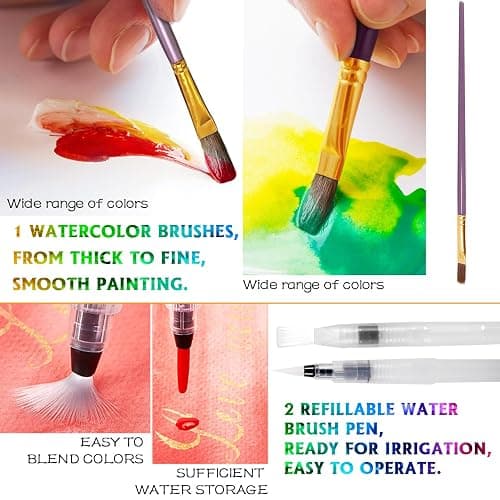 RATEL Aquarellfarben-Set, Aquarellkasten -- 48 feste Farbpigmente + 1 hochwertiger Pinsel + 20 Blätter + 2 Aquarellstifte, wasserlösliches und leicht zu mischendes Aquarellfarben-Set thumbnail 4