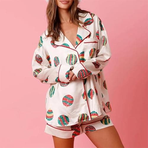 Miqil Women Christmas 2 Piece Pajamas Set Candy Cane Print Long Sleeve Button Up Shirts High Waist Shorts Xmas Loungewear thumbnail 4