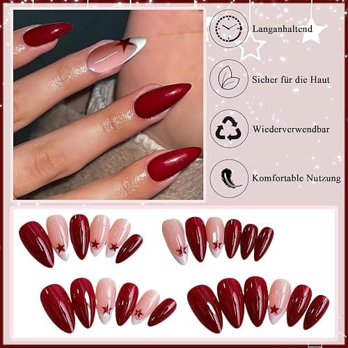 24 Stück Mittel Press on Nails Almond - Rot Finger Nägel - French Nails Press on mit Sternmotiv - Full Cover Künstliche Fingernägel Zum Aufkleben - Falsche Nägel für Frauen & Mädchen (Red Star) thumbnail 3