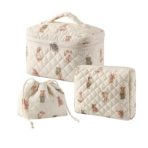 3pcs Large Cotton Quilted Makeup Bag Set,Coquette Aesthetic Cute Travel Toiletry Bag,Drawstring Gift Bag for Women and Girls(3Pcs White Bear) - Image 1