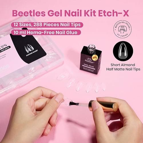 Beetles Gel Nail Kit Etch-X, Almond Short, 288pcs 12 Sizes Nail tips, with 10ml Hema-Free Nail Glue Gel, Glue on Nails for Acrylic Press On Nail, Pre-Etched Half Matte Extension Set for Home DIY thumbnail 2