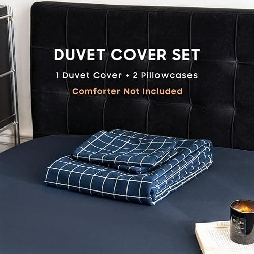 Wake In Cloud - Grid Cotton Duvet Cover Set, Plaid Checkered Geometric Farmhouse, 100% Washed Cotton Textured Bedding Set, 3 Pieces, Navy Blue, Twin/Twin XL Size thumbnail 2