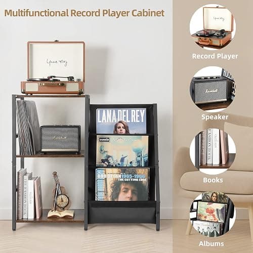 Bikoney Record Player Stand, Turntable Stand with 3-Tier Vinyl Record Storage, Record Player Table 200 Albums, End Table with Vinyl Display Holder Shelf, Record Player Cabinet Media Console for Stereo thumbnail 4