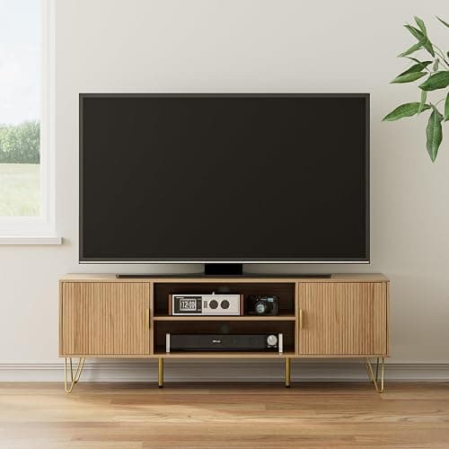 Apetaccat TV Stand for 55-65 Inch TV, Entertainment Center with Soft Hinge Door,TV Console Table with 2 Cabinets with Gold Handle and Feet,for Living Room, Bedroom, Oak thumbnail 2