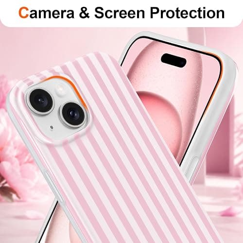 Hython for iPhone 15 Case Cute Striped Aesthetic Design Simple Stripes Cover 6.1", Thin Slim Soft TPU Bumper Shockproof Rubber Protective Phone Cases for Women Girls Girly Boys, Pink and White thumbnail 3