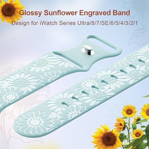 Sunflower Engraved Band Compatible with Apple Watch Bands 38mm 40mm 41mm 42mm 44mm 45mm 49mm Women, Designer Soft Glossy Floral Silicone Strap for iWatch Series Ultra 11 10 9 8 7 6 SE 5 4 3 2 1 thumbnail 4