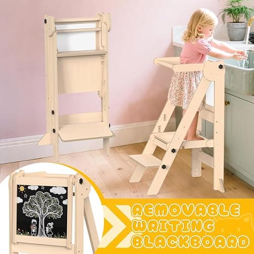 Foldable Toddler Tower, Wooden Toddler Kitchen Stool with 3 Adjustable Heights and Removable White/Blackboard, Montessori Foldable Learning Tower Kitchen Stool, Natural Wood thumbnail 8