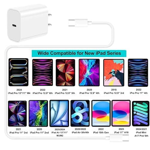 iPad Pro Charger,20W USB C Fast Charger with 10FT Long Fast Charging Cord for iPad Pro 12.9 5th/4th/3rd,11 inch 3rd/2nd,13 inch M4,iPAD Air 5th/4th Generation/13/11 M3 M2,iPad 10th/11th(A16),Mini A17 thumbnail 6