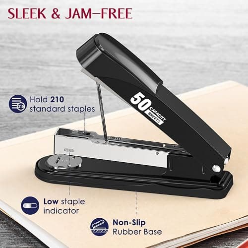 Metal Stapler Heavy Duty 50 Sheet Capacity with 1750 Staples and Staple Remover, Full Strip Staplers for Desk, No Jam, Non-Slip for Office & Classroom, Black - Black thumbnail 4