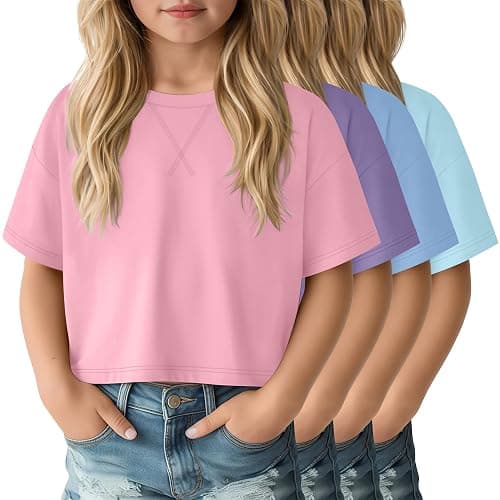 LessonZoo 4 Pack Girls Crop Tops 5-14Y Short Sleeve T-Shirts Tween Crew Neck Teen Oversized Cute Cropped Summer Athletic Tee - Image 1