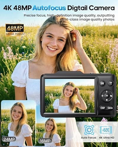 Digital Camera 4K for Kids-48MP Autofocus Vlogging Camera with 32GB Card, 16X Zoom, Anti-Shake, Compact Point and Shoot Camera for Teens Beginners, Birthday Gift Black thumbnail 3
