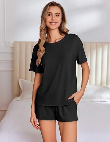 Ekouaer Pajama Set for Women Viscose from Bamboo Short Sleeve Tops and Shorts Set 2 Piece Lounge Set thumbnail 5