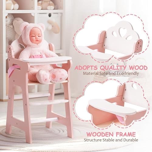 ROBOTIME High Chair for Pretend Play, Wooden Baby Doll Furniture with Safety Belt and Footrest, Fits 18 Inch Dolls, Gift for Ages 3+, White/Pink thumbnail 5