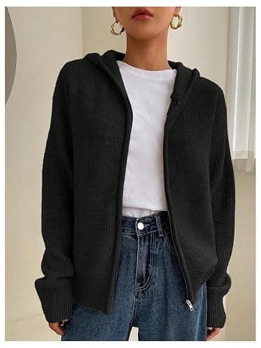 SOLY HUX Zip Up Cardigan for Women Hooded Cardigan Sweater Knitted Drop Shoulder Fall Clothes Winter Hoodies Outerwear thumbnail 2