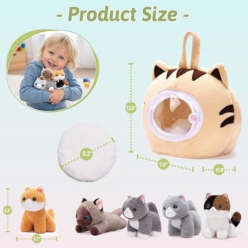 OUOZZZ Cat Stuffed Animal House with 5 Soft Cat Toys for Kids, Portable Gift Set thumbnail 2