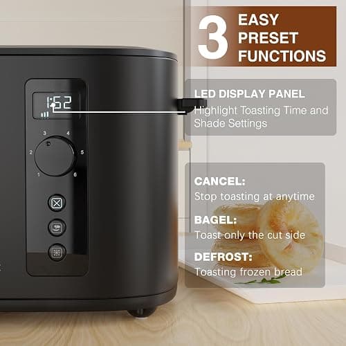 Anfilank Toaster 4 Slice Long Extra Wide Slot 1.5" with Countdown Timer, 6 Browning Settings, Built-in Warming Rack, Bagel/Cancel/Defrost Functions, Removable Crumb Tray-Matteblack thumbnail 5