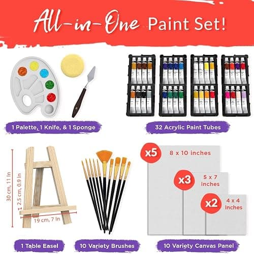 Chalkola Acrylic Paint Set for Adults & Kids - 56 Pcs Canvas Painting Kit with 32 Paints (22ml), 10 Brushes, 10 Canvases, Tabletop Easel, Palette, Knife - Professional Craft & Art Painting Supplies thumbnail 3