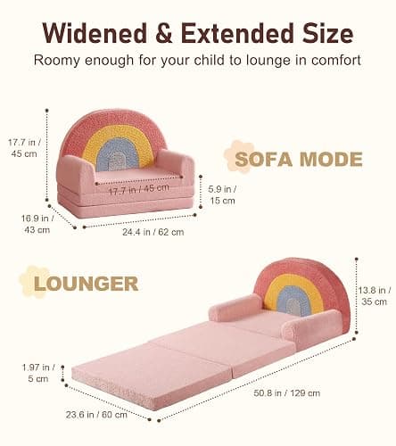 little dove Extra Wide Soft Toddler Couch Fold Out, 2-in-1 Kids Couch, Convertible Kids Sofa to Lounger, Comfy Toddler Chair, Kid Furniture for Playroom, Ideal Gifts for Boys & Girls, Pink thumbnail 2