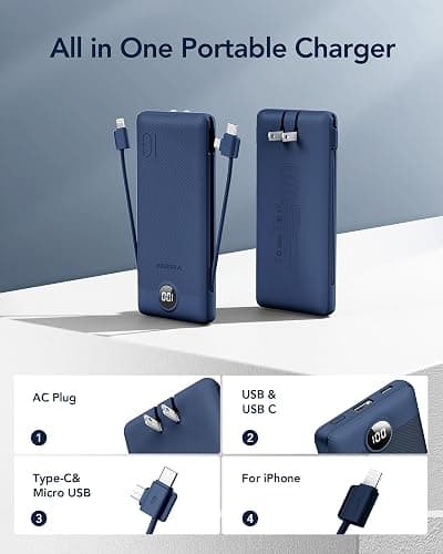 VEGER Portable Charger with Built-in AC Plug and Cables, All in One 10000mAh Ultra Slim Power Bank Travel Essentials, 15W Fast Charging Battery Pack Compatible with iPhone, Samsung, Android (Navy) thumbnail 2