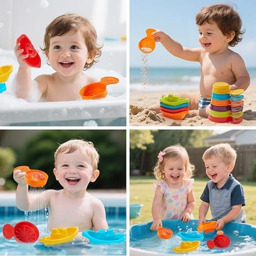 Baby Bath Toys for Toddlers, 15 PCS Mold Free Bathtub Water Play Toys with Floating Boats Spoons and Silicone Sensory Bath Toys, Water Table & Pool Toys for Babies and Toddlers - 15PCS Rainbow Color Boat & Silicone thumbnail 7