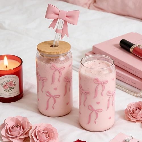 Mason Life Bow Glass Cup 18 OZ with Designs, Pink Bow Cup for Preppy Stuff, Cute Tumbler with Straw Cover & Keychain for Women Teen Girls Iced Coffee, Matcha and Smoothies thumbnail 7