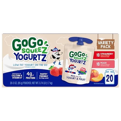 GoGo squeeZ Low Fat YogurtZ Variety Pack, 3 oz Pouches, 20 Count | Kids snack, strawberry & peach flavor, real yogurt & fruit; no fridge needed, gluten and nut free, recloseable cap, BPA-free thumbnail 4